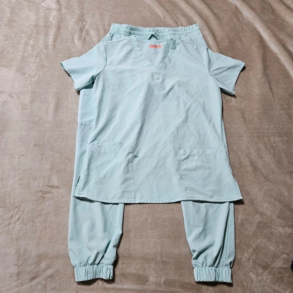 EliteMed Performance Womens Scrub Set Light Blue V-Neck Top Jogger Pants Large